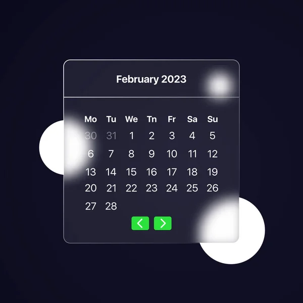 Calendar 2023 year. February month. Glassmorphism style. Can be used for business presentation or advertising. Vector illustration — Stock Vector