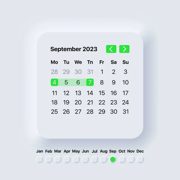 Kalender 2023 Jaar September Maand Neomorfisme Stijl Planner Sjabloon Vectorillustratie — Stockvector