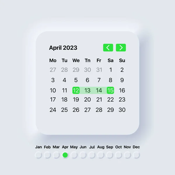 Kalender 2023 Jaar April Maand Neomorfisme Stijl Planner Sjabloon Vectorillustratie — Stockvector