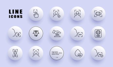 Tanımlama simgesi belirlendi. Parmak izi, yüz tanıma, tarama, konuşma tanıma, pasaport, nabız, kardiyoloji, kalp atışı. Biyometri konsepti. Neomorfizm tarzı. İş ve Reklamcılık için vektör satırı simgesi