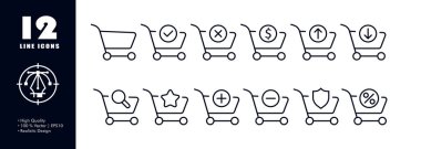 Alışveriş arabası seti simgesi. İşaretle, çapraz yap, dolar, sepetle, sepetle, sepetle, sepetle, yıldızla, artı, eksi, favoriler, kalkan, indirim. Düzen kavramı. İş ve Reklamcılık için vektör satırı simgesi