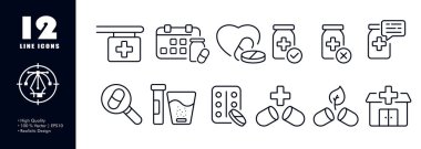 Tıp seti simgesi. Eczane, hap hatırlatıcı, şurup, ilk yardım çantası, kalp, nabız, kardiyogram, test tüpü, diyet takviyesi, hastane, kapsül. Sağlık hizmeti konsepti. İş için vektör satırı simgesi