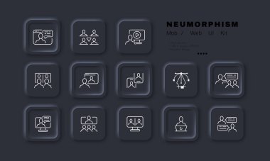 Analizler simgeyi ayarladı. Uzaktan çalışma, heyet, toplum, şirket, topluluk, takım oluşturma, bilgisayar, iş. Bilgi konsepti. Neomorfizm tarzı. İş ve Reklamcılık için vektör satırı simgesi