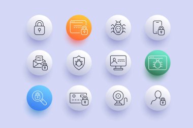 Kilit simgesi. Şifre, kart, şifre, örümcek, virüs, ağ, antivirüs, kamera, koruma, güvenlik. Savunma konsepti. Neomorfizm tarzı. İş ve Reklamcılık için vektör satırı simgesi