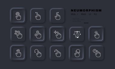 Satır simgesine tıklayın. Bastır, sensot, el, kaydır, işaret parmağı, dokun, vur, bastır, yakınlaştır, kaydır. Ekran konseptine dokun. Neomorfizm tarzı. İş ve Reklamcılık için vektör satırı simgesi
