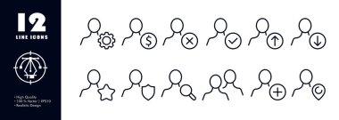 Düğmeli adam simgesi. Ayarlama, ödeme, indirme, yükleme, tik, çapraz, favoriler, koruma, arama, işaretleme, toplama, vs. Dosya kavramı. İş ve Reklamcılık için vektör satırı simgesi