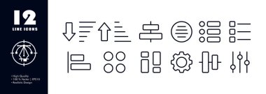 Düğme menüsü simgesi ayarlandı. Oklar, hizalama, fayanslar, uygulamalar, vites, şekiller, liste, sıralama, çizelge, daireler, kaydırıcılar, kontrol işareti, çapraz, düzenleyici. Uygulama konsepti. İş ve Reklamcılık için vektör satırı simgesi