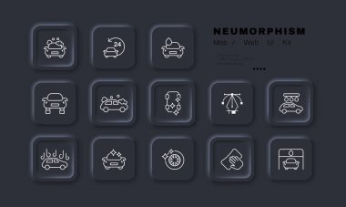 Araba yıkama ikonu. Sabun, karcher, kompresör, silah, su, basınç, bez, sünger, tekerlekler, bar, benzin istasyonu. Temizlik konsepti. Neomorfizm tarzı. İş ve Reklamcılık için vektör satırı simgesi