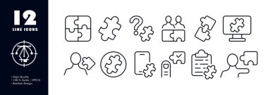 Bulmaca seti simgesi. Yapboz, çözülmemiş problem, bilmece, soru işareti, uygulama geliştirme, yapboz, fikir. Yaratıcılık konsepti. Reklamcılık ve Reklamcılık için vektör satırı simgesi