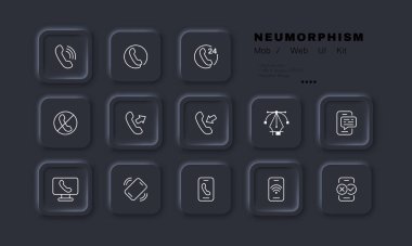 İletişim simgesi ayarlandı. Kaçırılmış, aranmış, gelen arama, sabit telefon, cep telefonu, yazışmalar, internet, kablosuz internet, NFS. Telefon gelecekleri konsepti. Neomorfizm tarzı. İş için vektör satırı simgesi