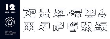 Analizler simgeyi ayarladı. Uzaktan çalışma, delegasyon, ekipman, web sitesi, geri bildirim, şirket, ok, takım oluşturma, bilgisayar, iş. Bilgi konsepti. İş ve Reklamcılık için vektör satırı simgesi