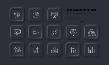 Veri analiz simgesi ayarlandı. Diyagram, grafik, grafik, analitik, tahta, veritabanı, tablolar, sütunlar, ok, gelir. Bilgi konsepti. Neomorfizm tarzı. İş ve Reklamcılık için vektör satırı simgesi