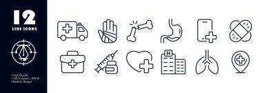 İlk yardım hattı simgesi. Ambulans, yara bandı, sargı bezi, kırık kemikler, mide, doktor, telefon, iğne, reçete, kalp, hastane, akciğer. Sağlık sigortası konsepti. İş için vektör satırı simgesi.