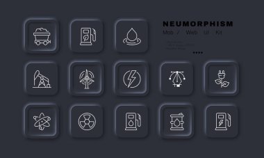 Elektrik enerjisi kaynağı simgesi. Güç, elektrik, kömürlü tramvay, maden, su, ışık, rüzgar çiftliği, yeşil, şarj, nükleer. Teknoloji konsepti. Neomorfizm. İş için vektör satırı simgesi.