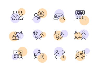 Şirket seti ikonunda çalışıyor. Yıldızlar, başarılar, iletişim, konuşma balonu, değişim bilgileri, teçhizat, uzaktan çalışma. İş konsepti. İş ve Reklamcılık için vektör satırı simgesi.