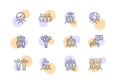 Takım seti simgesinde çalış. İnsanlar, şirket, takım çalışması, sunum, konuşma, saat, yıldızlar, başarılar, çizelge, çalışanlar. İş konsepti. İş ve Reklamcılık için vektör satırı simgesi.