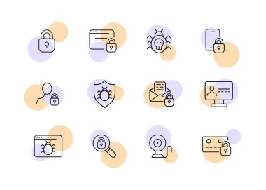 Private data protection set icon. Computer virus, antivirus, lock, password, privacy, phone, user, shield, bug, error, email, magnifier, bank card. Technology concept. Vector line icon for Business.