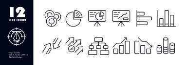 İstatistikler simgeyi belirledi. Turta, bar tablosu, diyagram, istatistiksel, bilgi grafikleri, analitik, veri analizi, çevirme çizelgesi, ok, büyüme, düşüş, görsel yardım. İş konsepti. Reklamcılık için vektör satırı simgesi.
