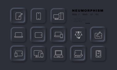 Akıllı aygıtlar simge ayarlar. Telefon, tablet, stil, kişisel bilgisayar, sistem birimi, grafik, yayın, stand, book. Teknoloji konsepti. Neomorfizm tarzı. İş ve Reklamcılık için vektör satırı simgesi