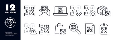 QR kodları simge oluşturdu. Tarama, tarayıcı, çerçeve, mektup, dizüstü bilgisayar, işaretleme, çapraz, kutu, uyarı işareti, çanta, büyüteç, belge, etiket, alım, mal etiketleme. Teknoloji konsepti. Vektör satırı simgesi.