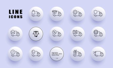 Web sitesi düğmeleri olan teslimat kamyonları simge ayarladı. Paket, kilit, teçhizat, kalkan, mektup, indirim, takvim, dünya çapında, işaretçi, saat, hediye. Lojistik konsept. Neomorfizm. İş için vektör satırı simgesi.