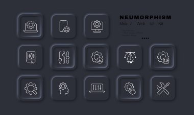 Ayarlar simge ayarlandı. Vites, laptop, telefon, bilgisayar, kitap, talimatlar, sürgüler, kontrol paneli, anahtar, indirme, büyüteç, el anahtarı, tornavida. Teknoloji konsepti. Neomorfizm. Vektör satırı simgesi.