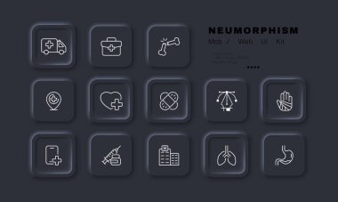 Hastaları tedavi et. İkonları ayarla. Ambulans, ilk yardım çantası, kırık kemik, haç, kalp, yara bandı, yaralı el, doktor, şırınga, hastane, akciğer, mide. Sağlık sigortası konsepti. Neomorfizm. Vektör satırı simgesi.