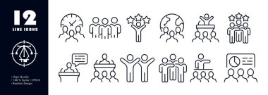 Dünya çapında takım çalışması simgesi. Saat, şirket, çalışan, gezegen, tribün, yıldızlar, başarı, amaç, konuşma, diyagram, grafik, sunum. İş konsepti. İş ve Reklamcılık için vektör satırı simgesi.