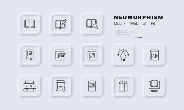 Kitaplar ikon ayarlar. Kalem, büyüteç, arama, yer imi, belge biçimi, taşınabilir, sesli kitap, hacim, indirme, bilgisayar. Bilgi kavramı. Neomorfizm. İş ve Reklamcılık için vektör satırı simgesi.