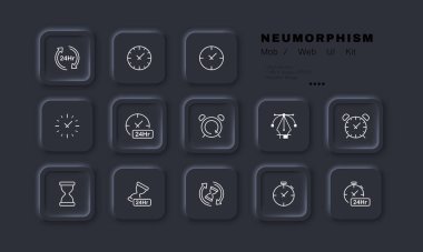 Saatler simgeyi ayarlar. 24 saat, oklar, alarm, kum saati, kronometre, planlama, tabela, program. Zaman yönetimi konsepti. Neomorfizm tarzı. İş ve Reklamcılık için vektör satırı simgesi.
