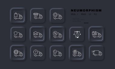 Web sitesi düğmeleri olan teslimat kamyonu simgesi. Çanta, kutu, teçhizat, kalkan, mektup, indirim etiketi, takvim, gezegen, saat, işaret, hediye. Lojistik konsept. Neomorfizm. İş için vektör satırı simgesi.