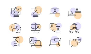 İş simgesinde çevrimiçi iletişim. Bilgisayar, internet, konferans, dizüstü bilgisayar, kamera, telefon, gezegen çapında toplantı, çalışan. İş konsepti. İş ve Reklamcılık için vektör satırı simgesi.