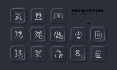 QR kod simgesi ayarlandı. Etiket, şifreli veri, tarama, mektup, dizüstü bilgisayar, kene, haç, paket, büyüteç, fiyat etiketi. Teknoloji konsepti. Neomorfizm tarzı. İş ve Reklamcılık için vektör satırı simgesi.