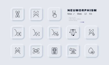 Biyometrik veri simgesi taranıyor. Gizlilik, tarama, yüz tanıma, nabız, parmak izi, el, ses kilidi, göz, göz, uluslararası pasaport. Teknoloji konsepti. Neomorfizm. İş için vektör satırı simgesi.