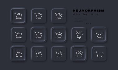 Web sitesi düğmeleri olan alışveriş arabaları simgesi ayarlanıyor. Satış, online, toplama, kaldırma, dolar, çapraz, tik, büyütme, yıldız, artı, eksi, kalkan, yüzde. Dükkan konsepti. Neomorfizm. İş için vektör satırı simgesi.