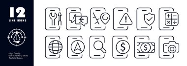 Telefon uygulamaları simge ayarladı. Tornavida, anahtar, çevirmen, navigatör, koruma, kalkan, hesap makinesi, internet, harita, arama, büyüteç, bankacılık, kamera. Hizmet kavramı. İş için vektör satırı simgesi.