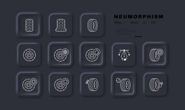 Araba tekerleği servis simgesi. Lastik, kış ve yaz lastikleri, kar tanesi, su damlası, vites, yıldız, çark, basınç, pompalama. Teknoloji konsepti. Neomorfizm tarzı. İş için vektör satırı simgesi.