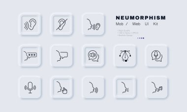 Gürültülü ve sessiz modlar simge oluşturur. Ses, kulak, duy, üstünü çiz, konuş, parola, megafon, mikrofon, not. Teknoloji konsepti. Neomorfizm tarzı. İş ve Reklamcılık için vektör satırı simgesi.