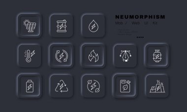 Elektrik ikonu ayarlandı. Yeşil enerji, güneş pili, su damlası, yıldırım, sıcaklık, termometre, geri dönüşüm, oklar, ateş. Ekoloji konsepti. Neomorfizm. İş ve Reklamcılık için vektör satırı simgesi.