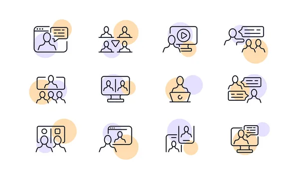 Communication Work Set Icon Employee Subordinates Online Conference Meeting Computer — Image vectorielle