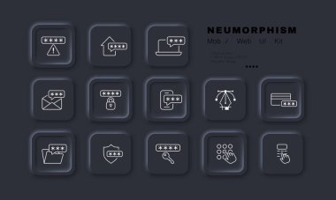 Parolalar simge ayarlandı. Uyarı işareti, ev, dizüstü bilgisayar, e-posta, kilit, telefon, klasör, banka kartı, rozet, anahtar, el, giriş, koruma. Mahremiyet kavramı. Neomorfizm. İş ve Reklamcılık için vektör satırı simgesi