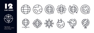 Globes set icon. Planet Earth, geography, map, cartography, location, geolocation, pointer, gps, travel, satellite, destination, journey. Navigation equipment concept. Vector line icon for Advertising