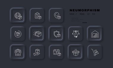 Delivery set icon. Shipping, deliver parcels, box, planet, consignment note, stock, storage, shield, protection, hands, calendar. Logistics concept. Neomorphism style. Vector line icon for Business.