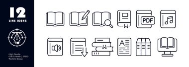 Books set icon. Knowledge, read, reading, pencil, magnifier, pdf, document format, ebook, audiobook, textbook, listen, stack, computer, megaphone, download. Education concept. Vector line icon.