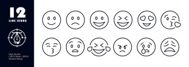 Emoticons set icon. Reaction, comment, message, feedback, sad, happy, laugh, like, love, heart shaped eyes, kiss, whistle, shocked, scared, angry, cry. Online communication concept. Vector line icon.