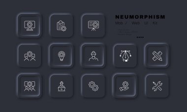 Engineer job set icon. Computer, gear, flipchart, teamwork, build, workflow, light bulb, creative idea, pencil, ruler, helmet, wrench, screwdriver. Construction concept. Neomorphism. Vector line icon.