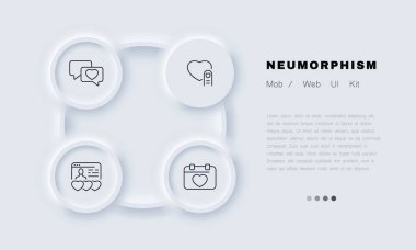 Dating app set icon. Calendar with heart, date, speech bubble, texting, like button, finger, personal information. Relationships concept. Neomorphism. Vector line icon for Business and Advertising.