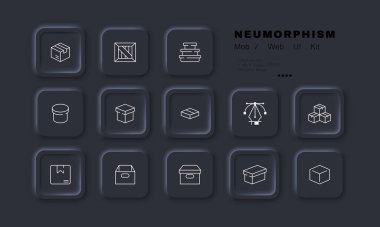 Parcels set icon. Deliver, delivery, logistics, box, package, cardboard, purchase, buy, courier, packing. Shipping concept. Neomorphism style. Vector line icon for Business and Advertising.