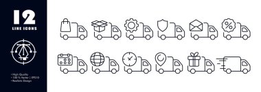 Delivery trucks with website buttons set icon. Deliver parcel, free shipping, package, box, gear, shield, letter, discount, calendar, planet, clock, pointer, gift. Logistics concept. Vector line icon.