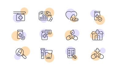Medicines set icon. Pharmacy signboard, pill schedule, calendar, jar, cross, prescription, checkmark, herbal, hospital, magnifier, leaf, effervescent tablets. Healthcare concept. Vector line icon.